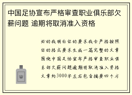 中国足协宣布严格审查职业俱乐部欠薪问题 逾期将取消准入资格