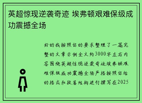 英超惊现逆袭奇迹 埃弗顿艰难保级成功震撼全场